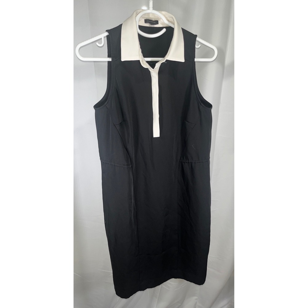 Ann Taylor Sleeveless Polo Sheath Dress Black White Contrast Collar Drawstring S